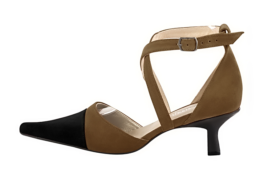 French elegance and refinement for these matt black and chocolate brown dress open side shoes, with crossed straps, 
                available in many subtle leather and colour combinations. Perfect model to feminize and enhance basic outfits.
Its adjustable straps will allow you a good support.
To personalize or not, according to your outfits or your desires.  
                Matching clutches for parties, ceremonies and weddings.   
                You can customize these shoes to perfectly match your tastes or needs, and have a unique model.  
                Choice of leathers, colours, knots and heels. 
                Wide range of materials and shades carefully chosen.  
                Rich collection of flat, low, mid and high heels.  
                Small and large shoe sizes - Florence KOOIJMAN